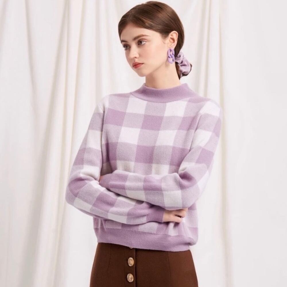 Petite Studio NYC 100% Wool Cathleen Lavender Check Plaid Knit Sweater SMALL